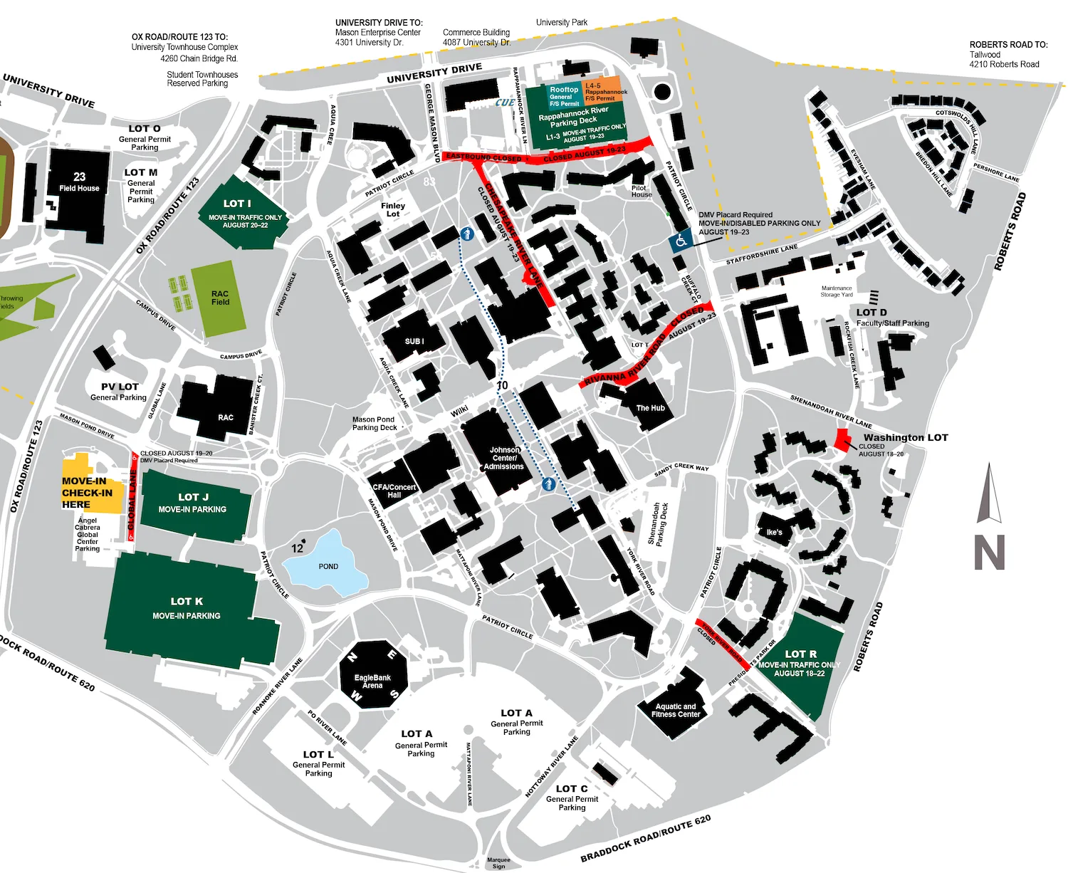 Image of the Fairfax Map with red markers indicating the lane closures and parking lot restrictions during the move-in days.