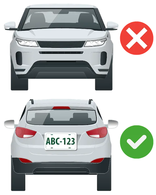 License plate must be facing toward the road for camera recognition. If your vehicle only has one license plate in the front, you must back in your vehicle.
