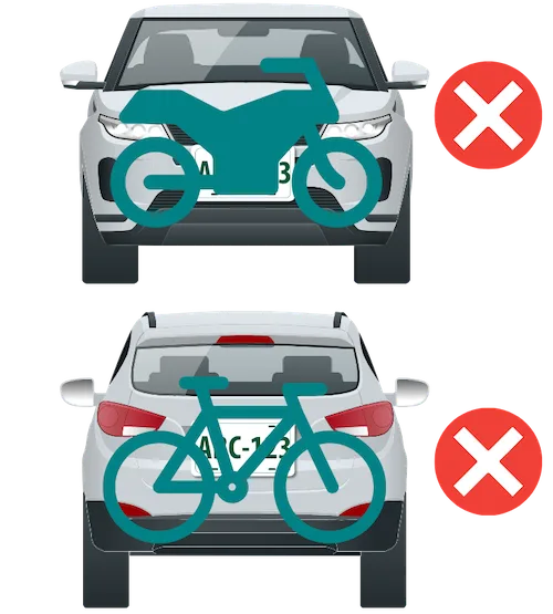 Objects, such as bike racks, cannot partial block the license plate. The license plate must be displayed object-free from the area.