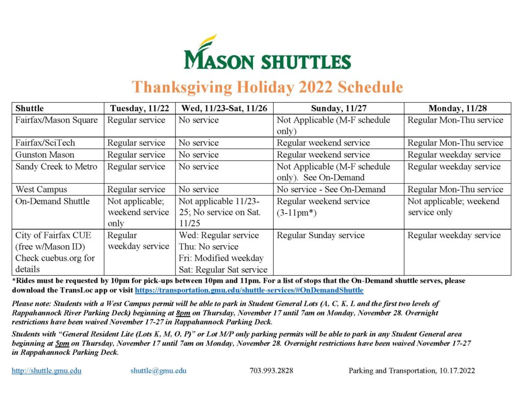 Thanksgiving Holiday 2022 Schedule